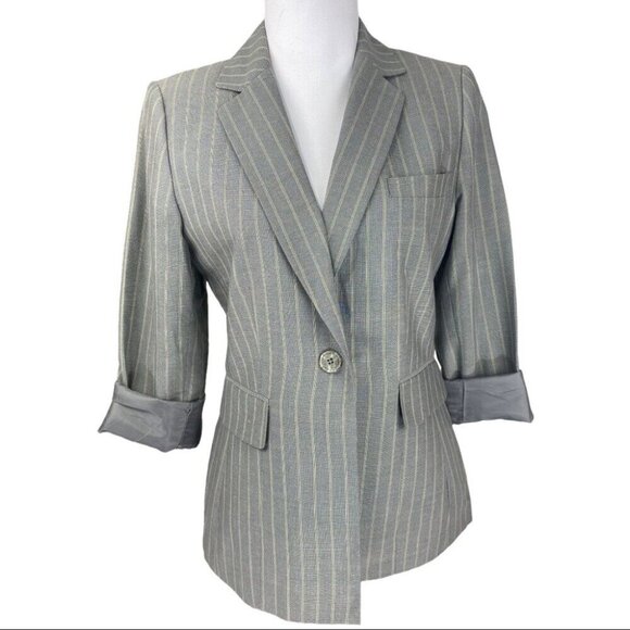 Tahari ASL Women's‎ Gray Green Pinstripe One Button Business Career Blazer 6/C37 - Picture 2 of 13